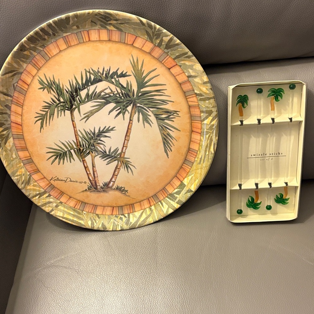 Bundle of Beautiful Palm Tree themed Platter & gorgeous DRINK STIRRERS
